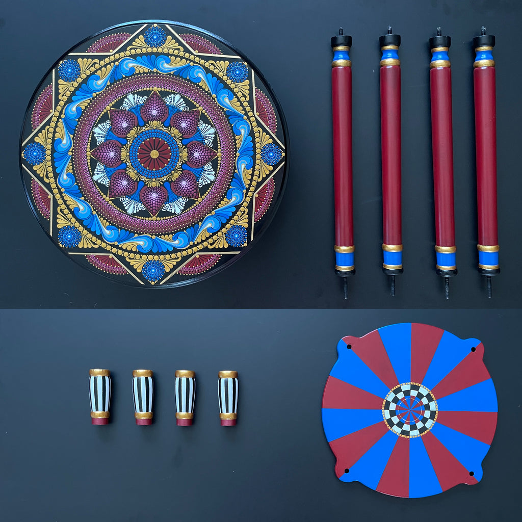Two side tables, one with a colorful mandala design and the other with a white distressed finish.
