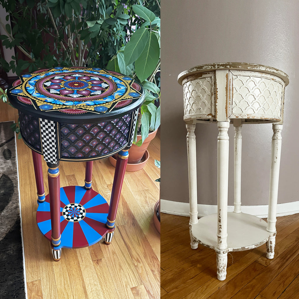 Two side tables, one with a colorful mandala design and the other with a white distressed finish.