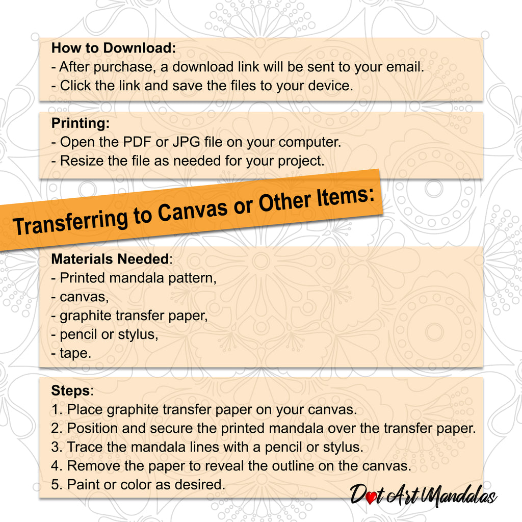 Instructions for downloading, printing, and transferring a mandala pattern to canvas.