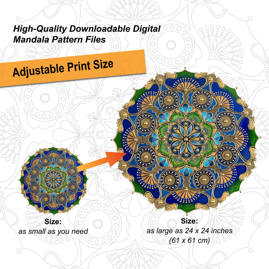 Mandala pattern with adjustable print size on a white background