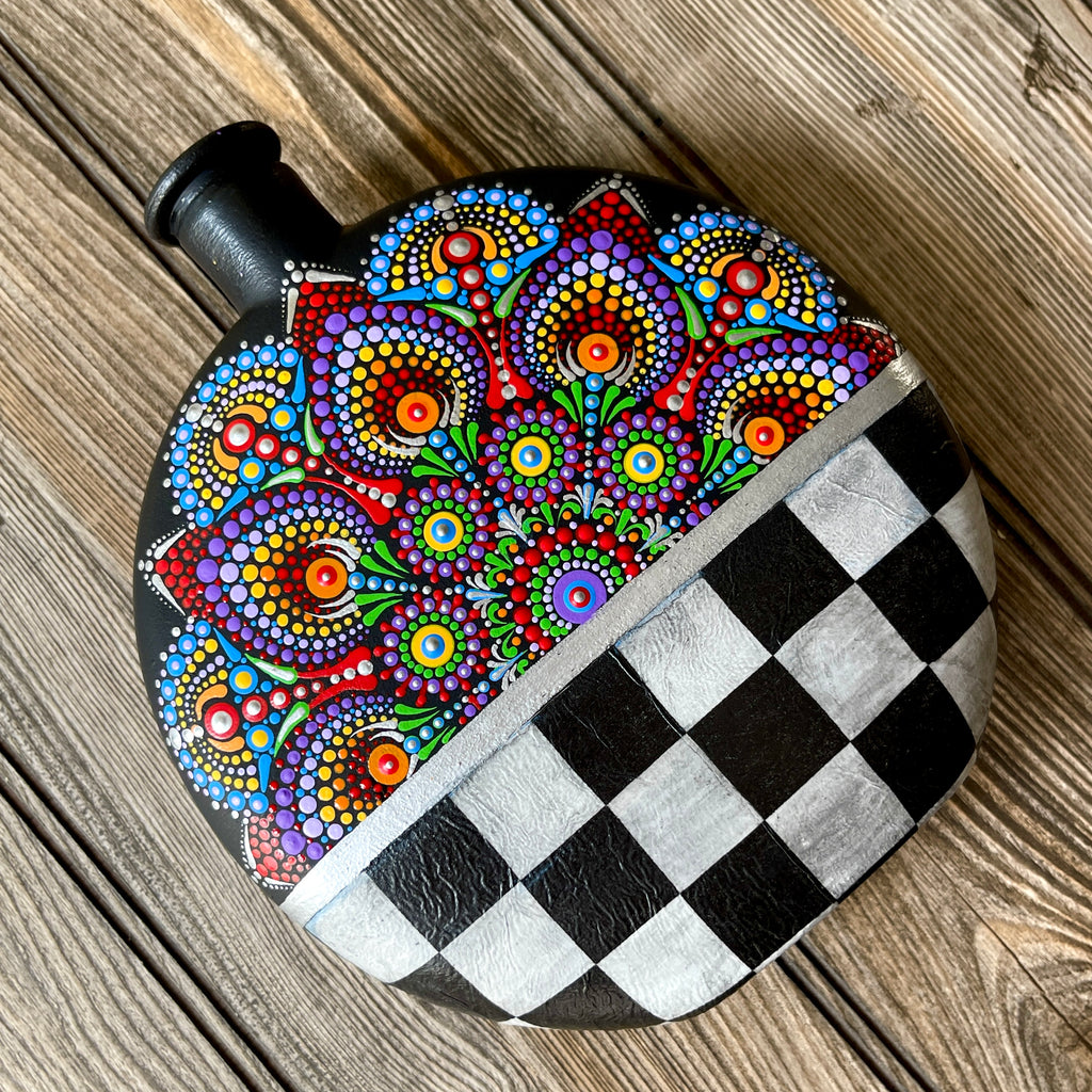 Mandala Flower Checker Fusion Glass Bottle