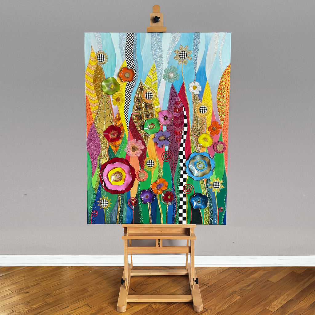 Life's Garden Mixed Media Floral Painting 36 x 48 Inches