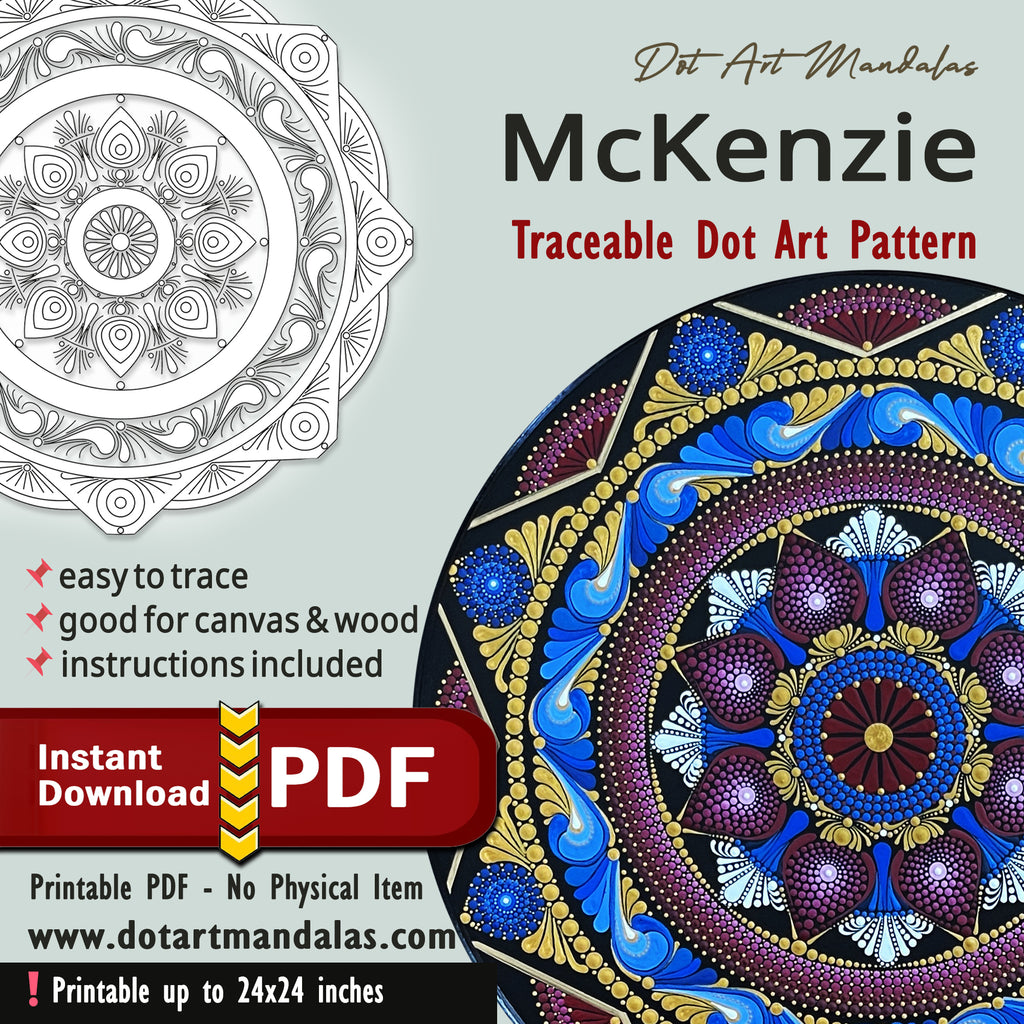 McKenzie Traceable Dot Art Pattern with a mandala design and text about product features.