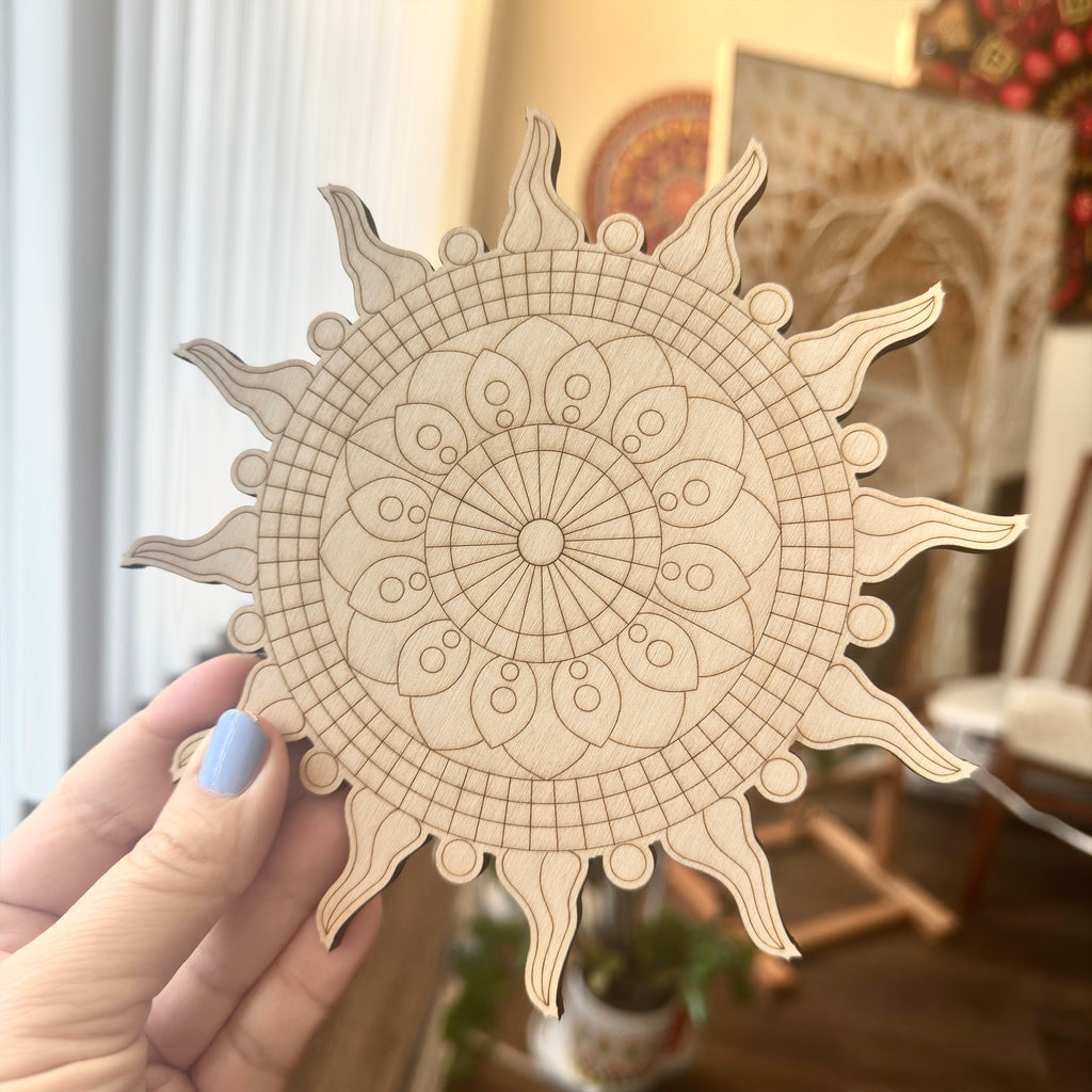 Wooden Sun Mandala Cutout – 7" Laser-Etched Stencil for Dot Art, Drawing & Painting