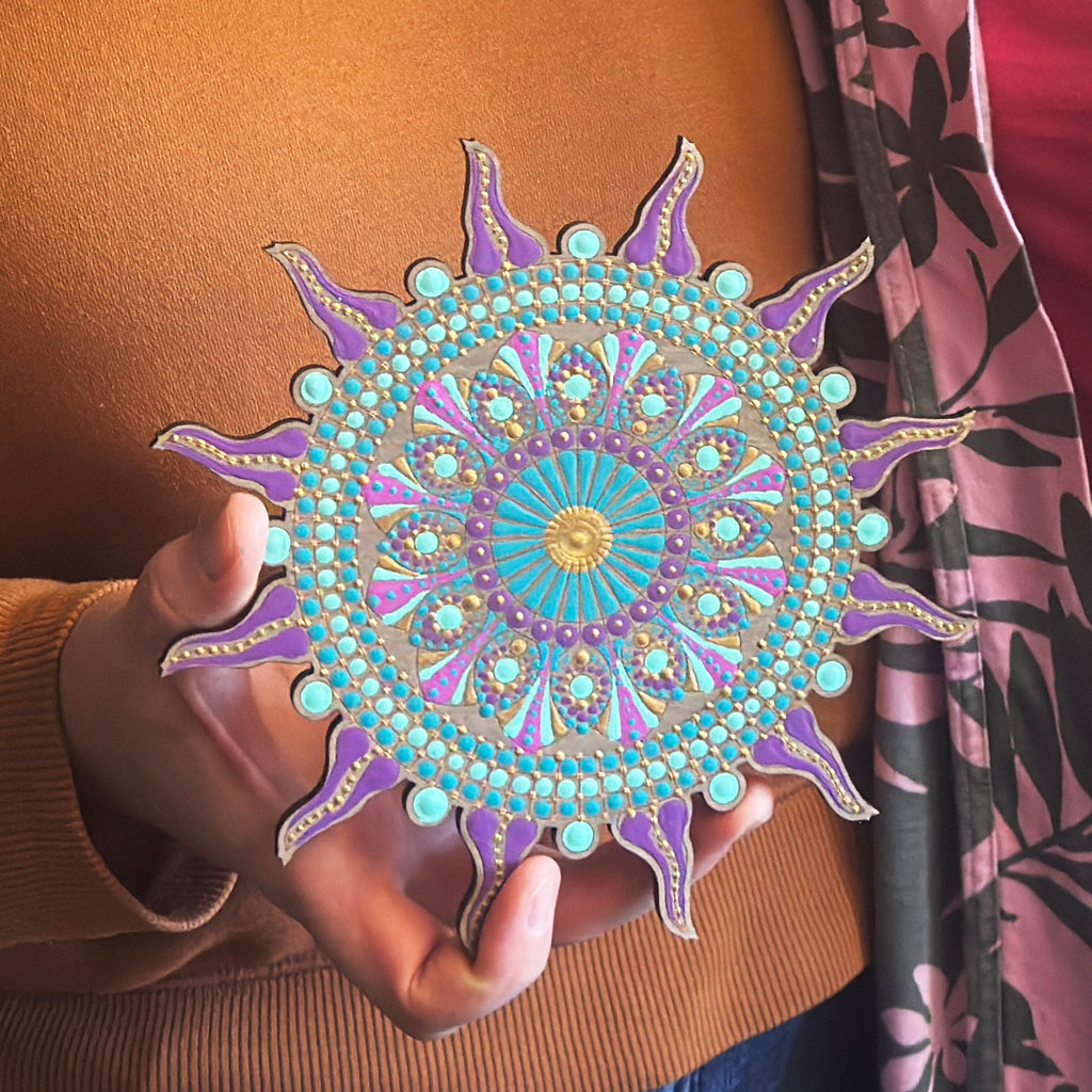 Wooden Sun Mandala Cutout – 7" Laser-Etched Stencil for Dot Art, Drawing & Painting