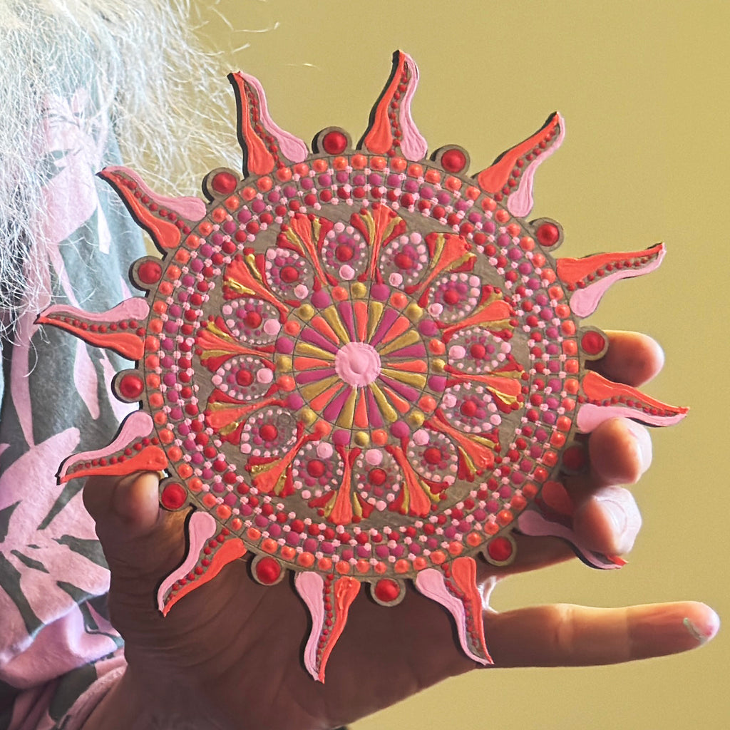 Wooden Sun Mandala Cutout – 7" Laser-Etched Stencil for Dot Art, Drawing & Painting