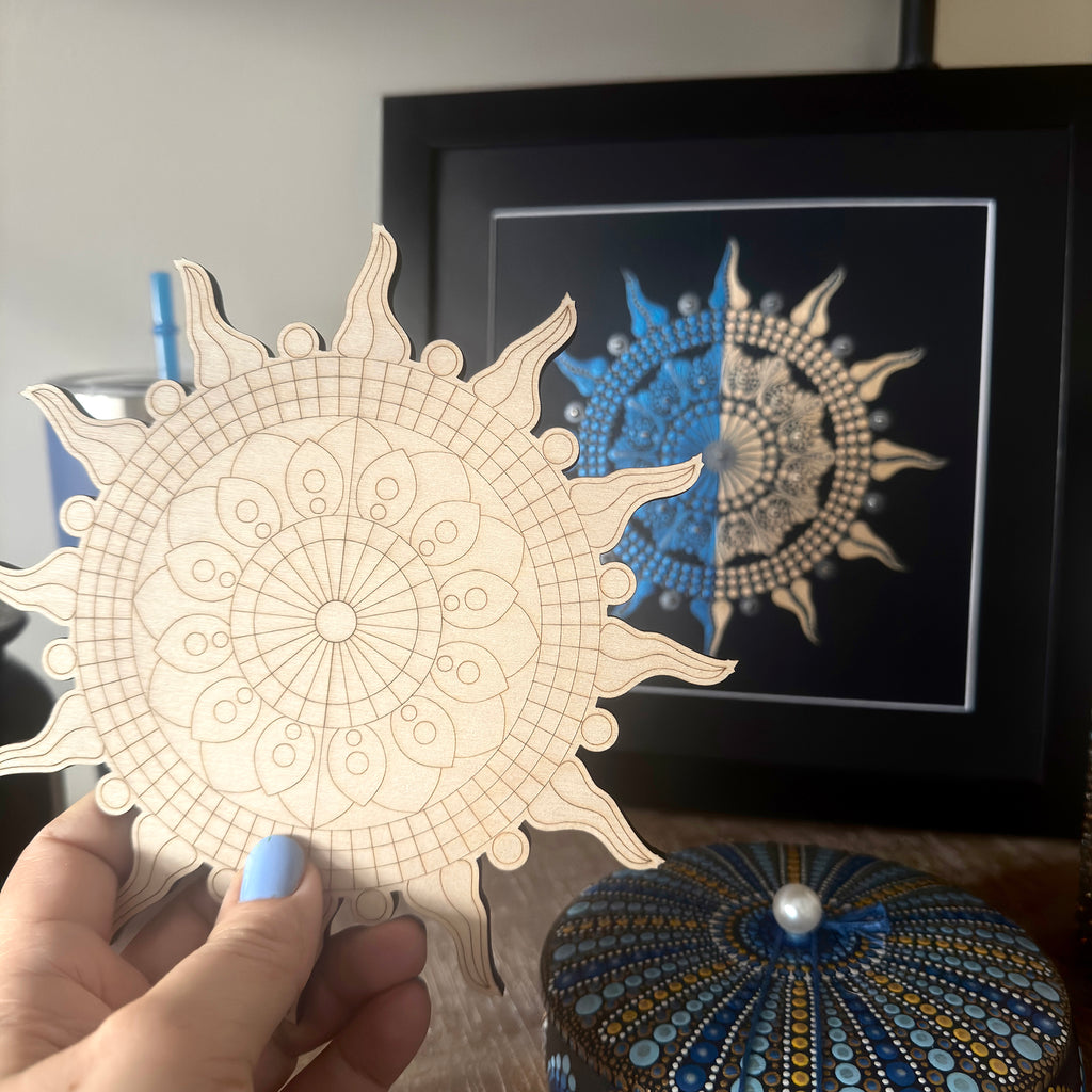 Wooden Sun Mandala Cutout – 7" Laser-Etched Stencil for Dot Art, Drawing & Painting